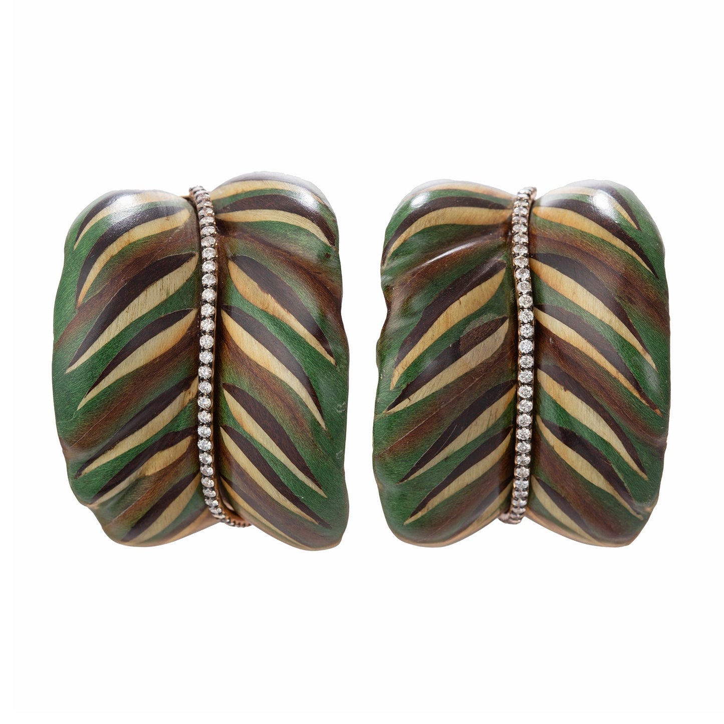 Silvia Furmanovich - Large Curved Marquetry Wood Diamond Botanical Earrings