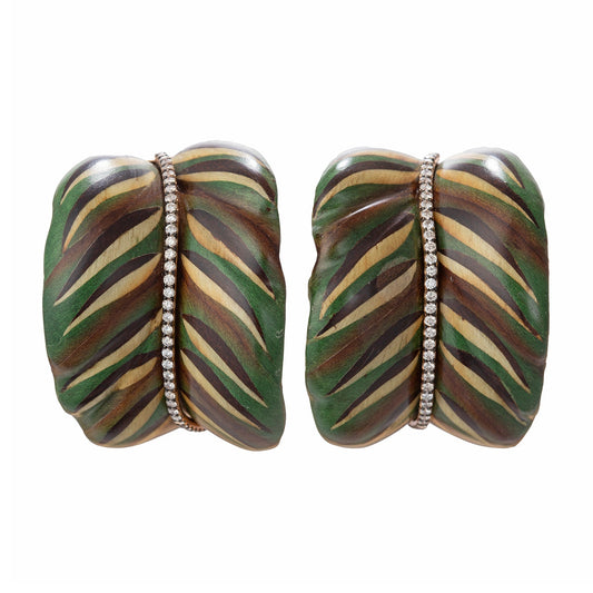 Silvia Furmanovich - Large Curved Marquetry Wood Diamond Botanical Earrings