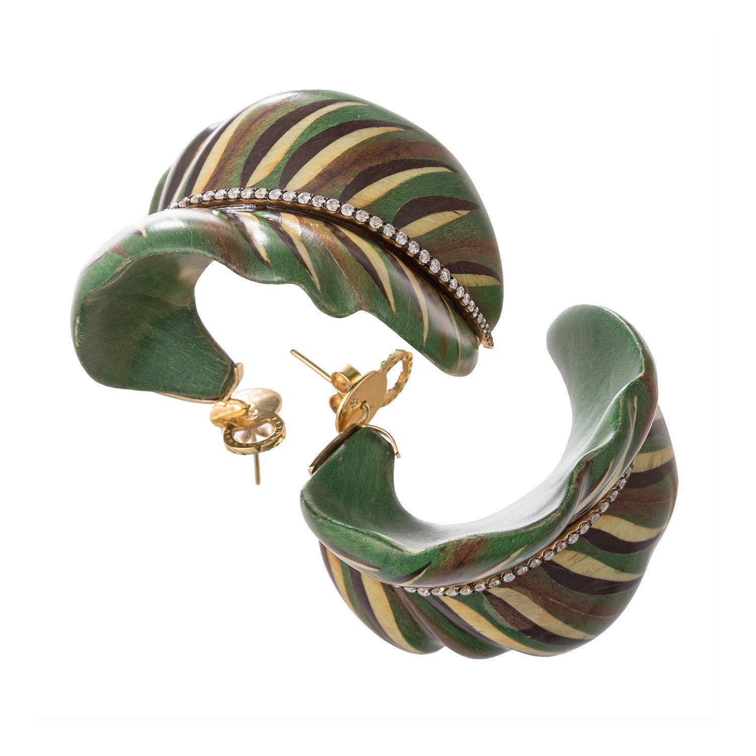 Silvia Furmanovich - Large Curved Marquetry Wood Diamond Botanical Earrings