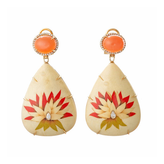 Silvia Furmanovich - Orange Moonstone Diamond Marquetry Wood Drop Earrings