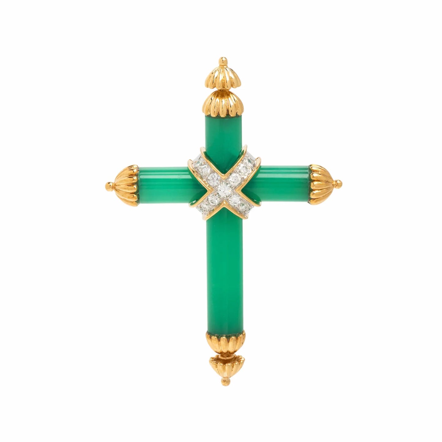 Tiffany & Co - 18k Gold Green Chalcedony Diamond Cross Pendant