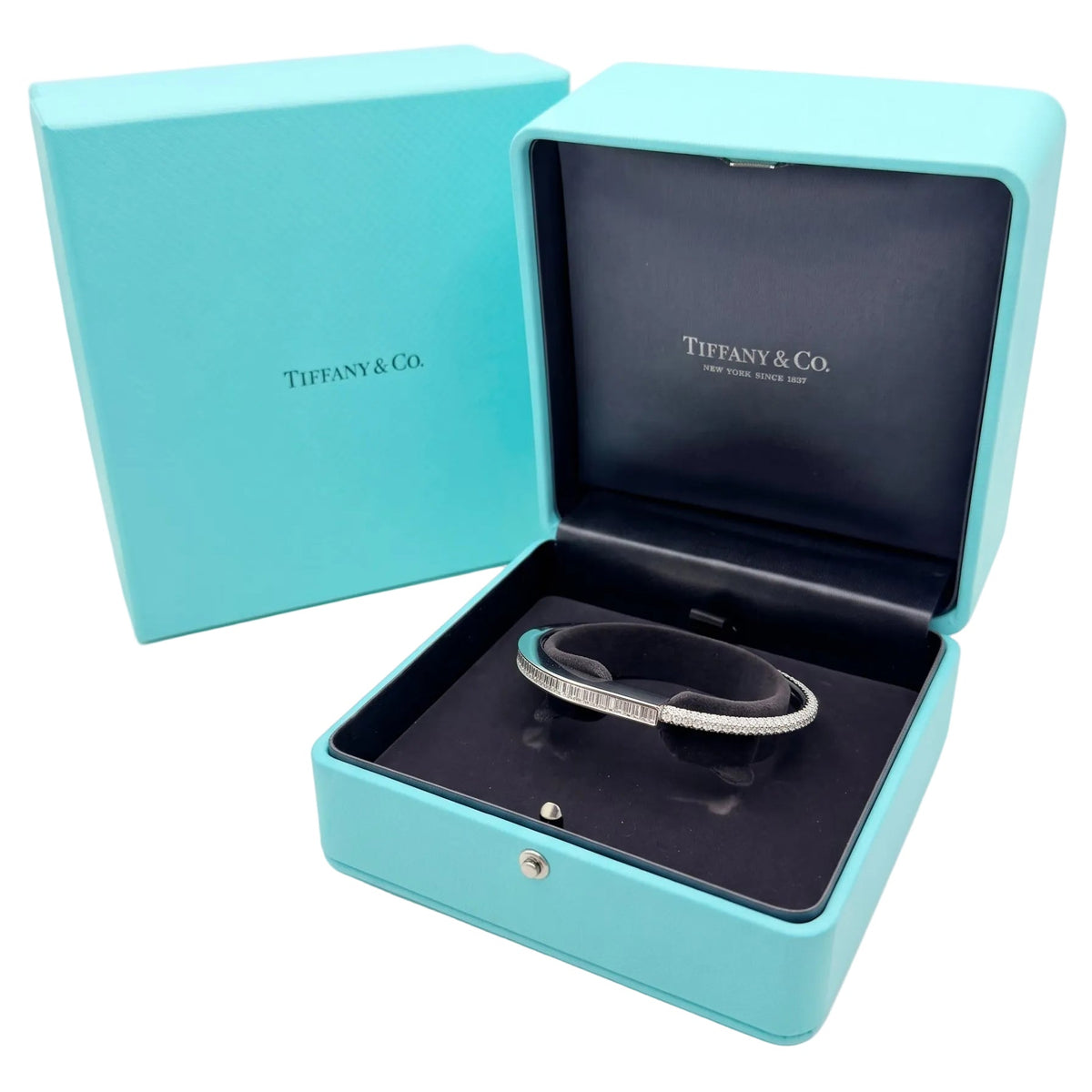 Tiffany & Co - 18K White Gold Baguette & Pavé Diamond Lock Bracelet
