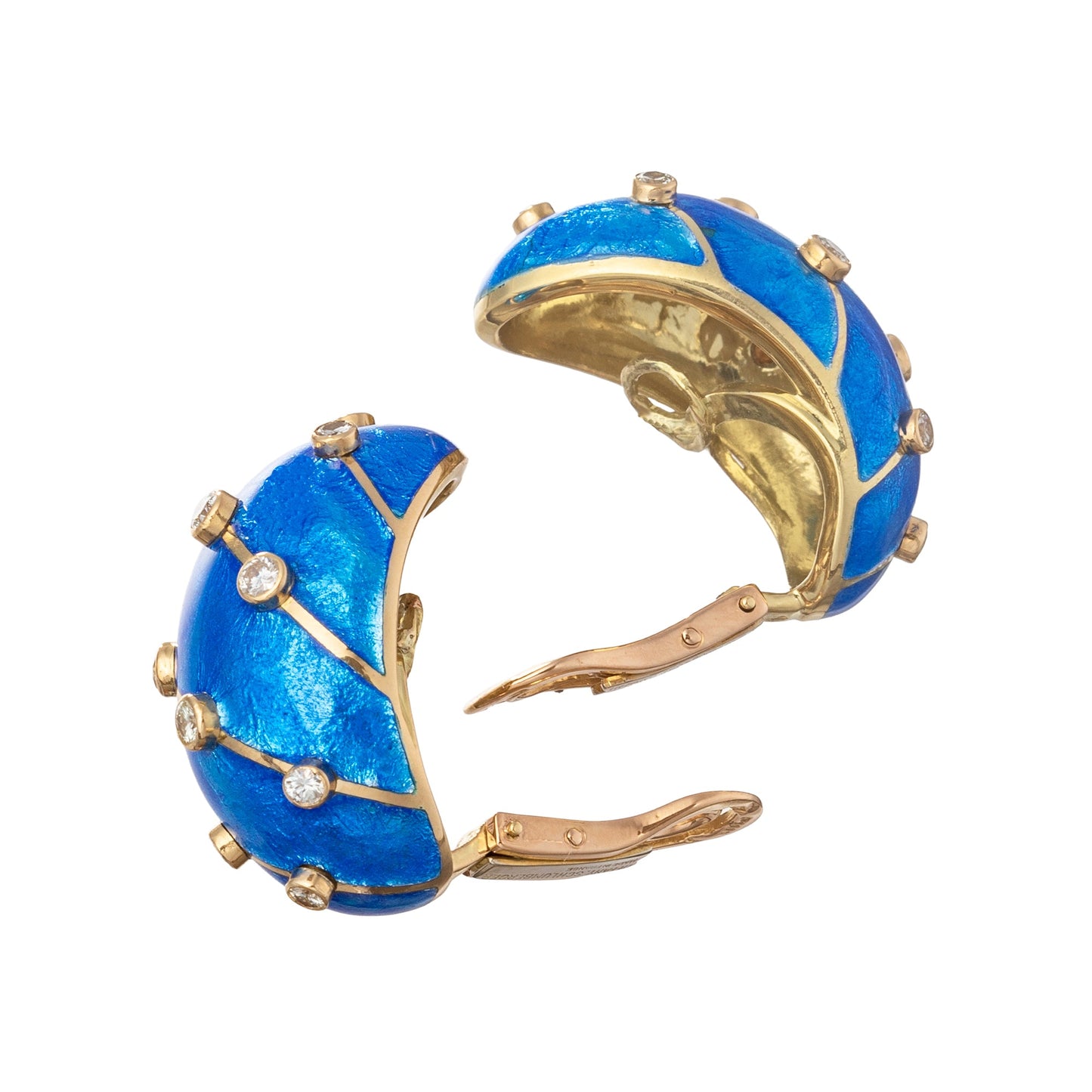 Tiffany & Co - Schlumberger 18k Gold Blue Enamel Diamond Banana Earrings