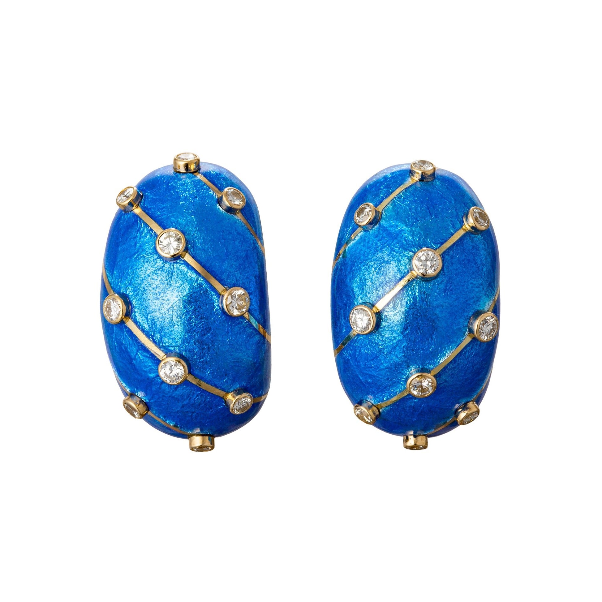 Tiffany & Co - Schlumberger 18k Gold Blue Enamel Diamond Banana Earrings