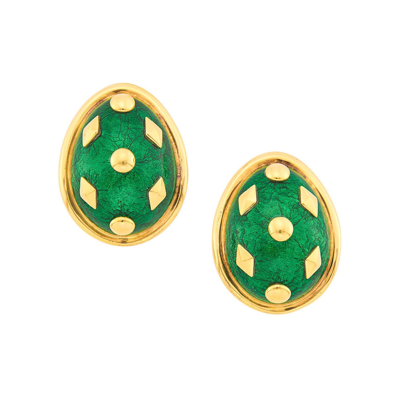 Tiffany & Co - Schlumberger 18k Gold Green Enamel Dot Lozenge Earrings