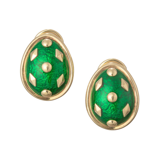 Tiffany & Co - Schlumberger 18k Gold Green Enamel Dot Lozenge Earrings