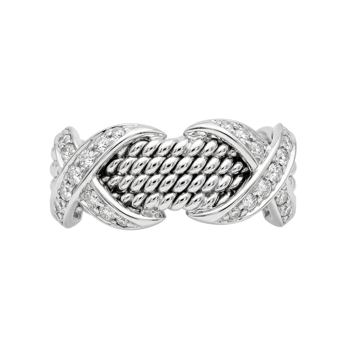 Tiffany & Co - Schlumberger 18k White Gold Diamond Four-Row Rope 'X' Ring