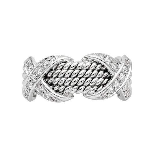 Tiffany & Co - Schlumberger 18k White Gold Diamond Four-Row Rope 'X' Ring
