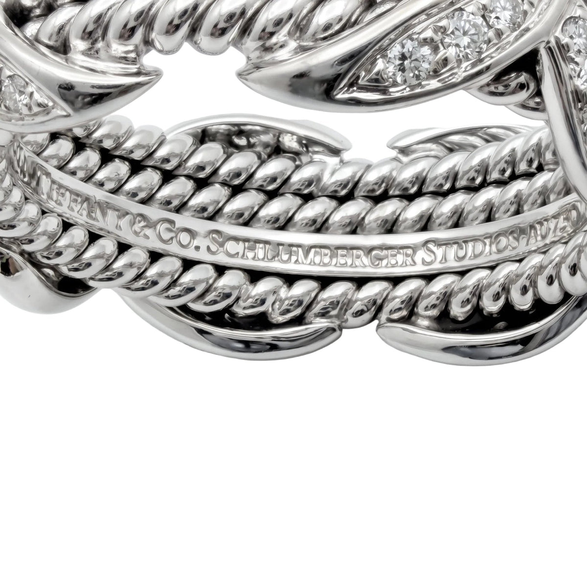 Tiffany & Co - Schlumberger 18k White Gold Diamond Four-Row Rope 'X' Ring