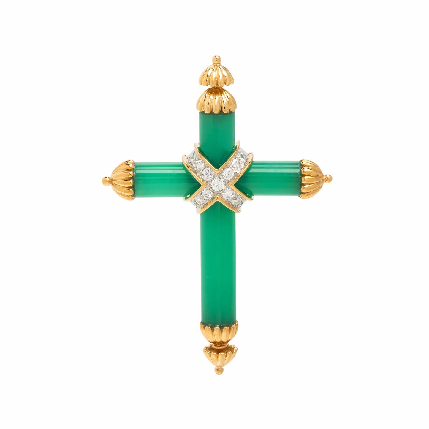 18k Gold Green Chalcedony Diamond Cross Pendant