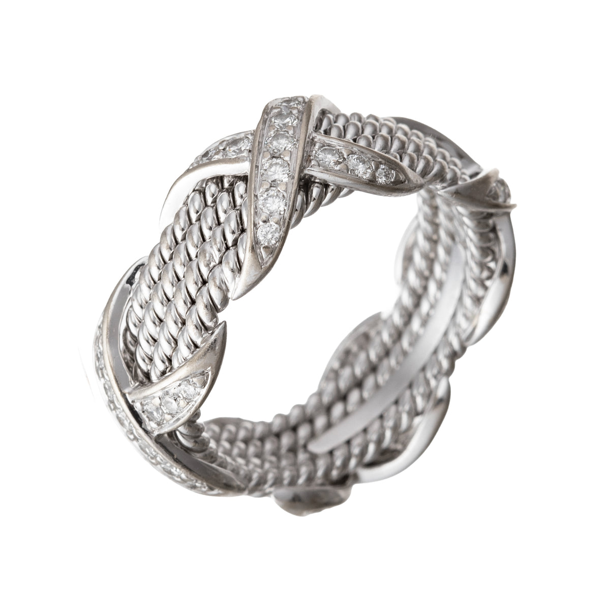 Schlumberger 18k White Gold Diamond Four-Row Rope 'X' Ring