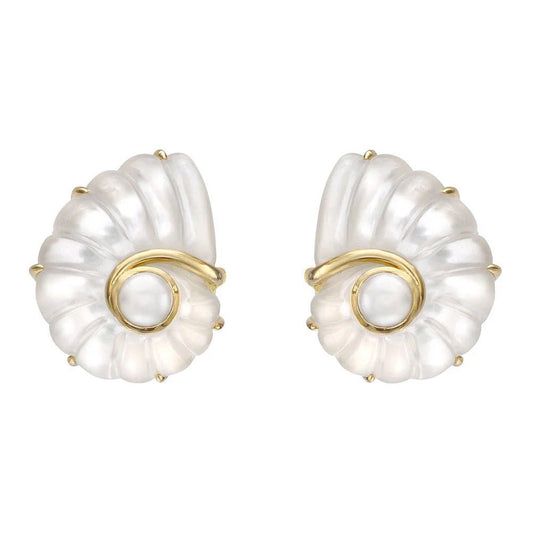 Trianon - 18k Gold Rock Crystal Pearl Nautilus Earrings
