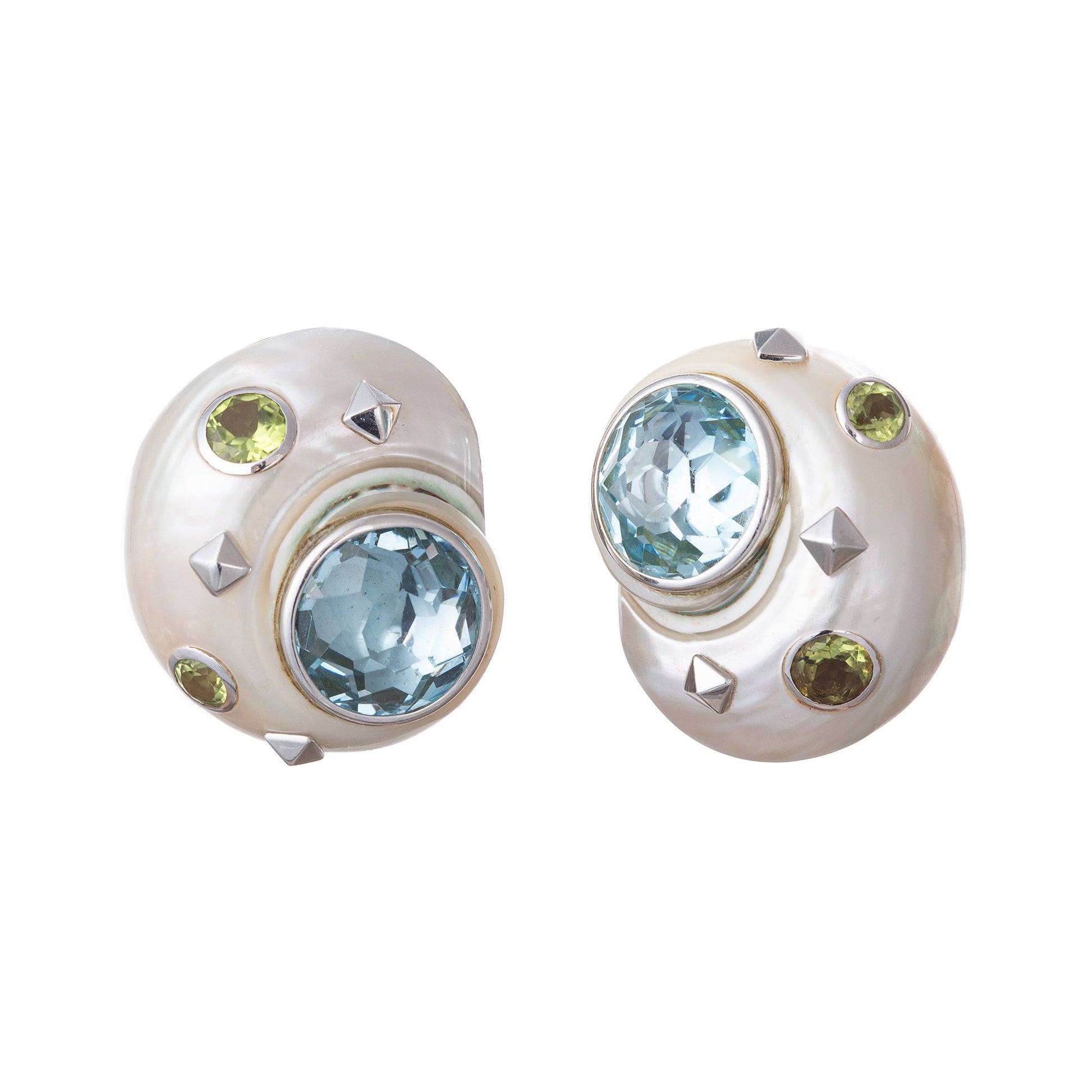 Trianon - 18k White Gold Blue Topaz Peridot Shell Earrings