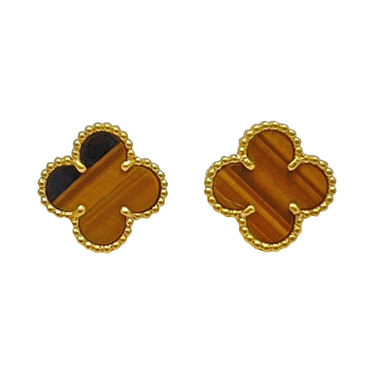 Van Cleef & Arpels - 18k Yellow Gold Tiger Eye Vintage Alhambra Earrings