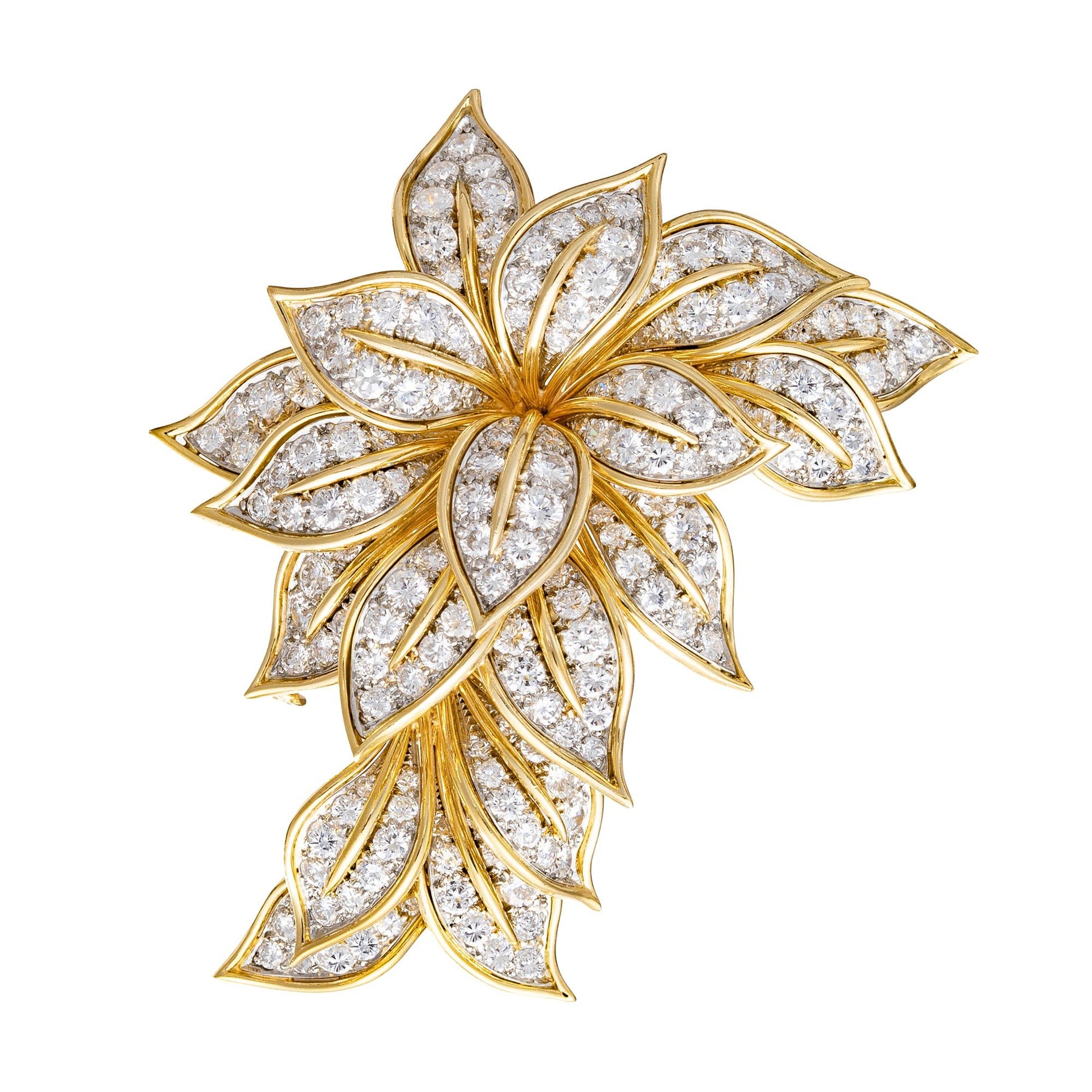 Van Cleef & Arpels - 1960s 18k Yellow Gold Platinum Diamond Flower Brooch