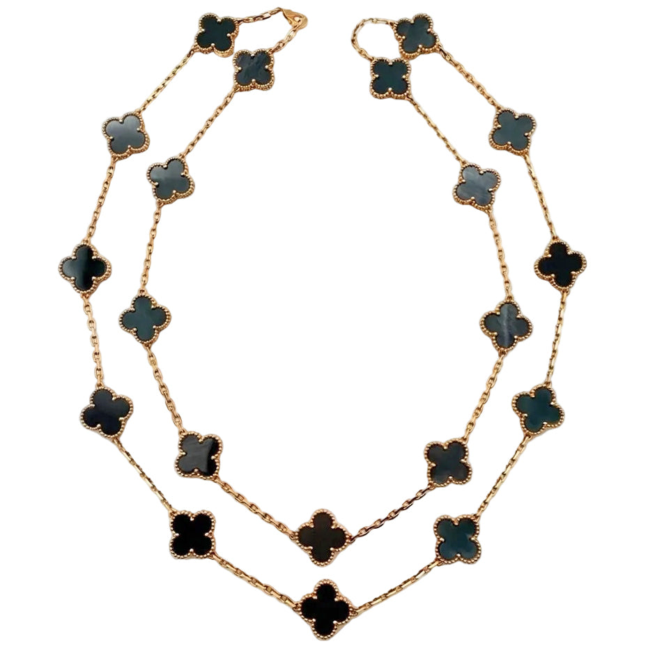 18k Rose Gold Silver Obsidian Vintage Alhambra Long Necklace