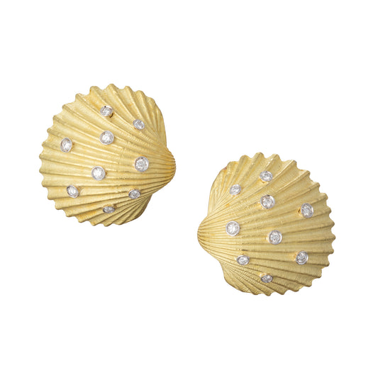 Estate 18k Yellow Gold Diamond Shell Earrings