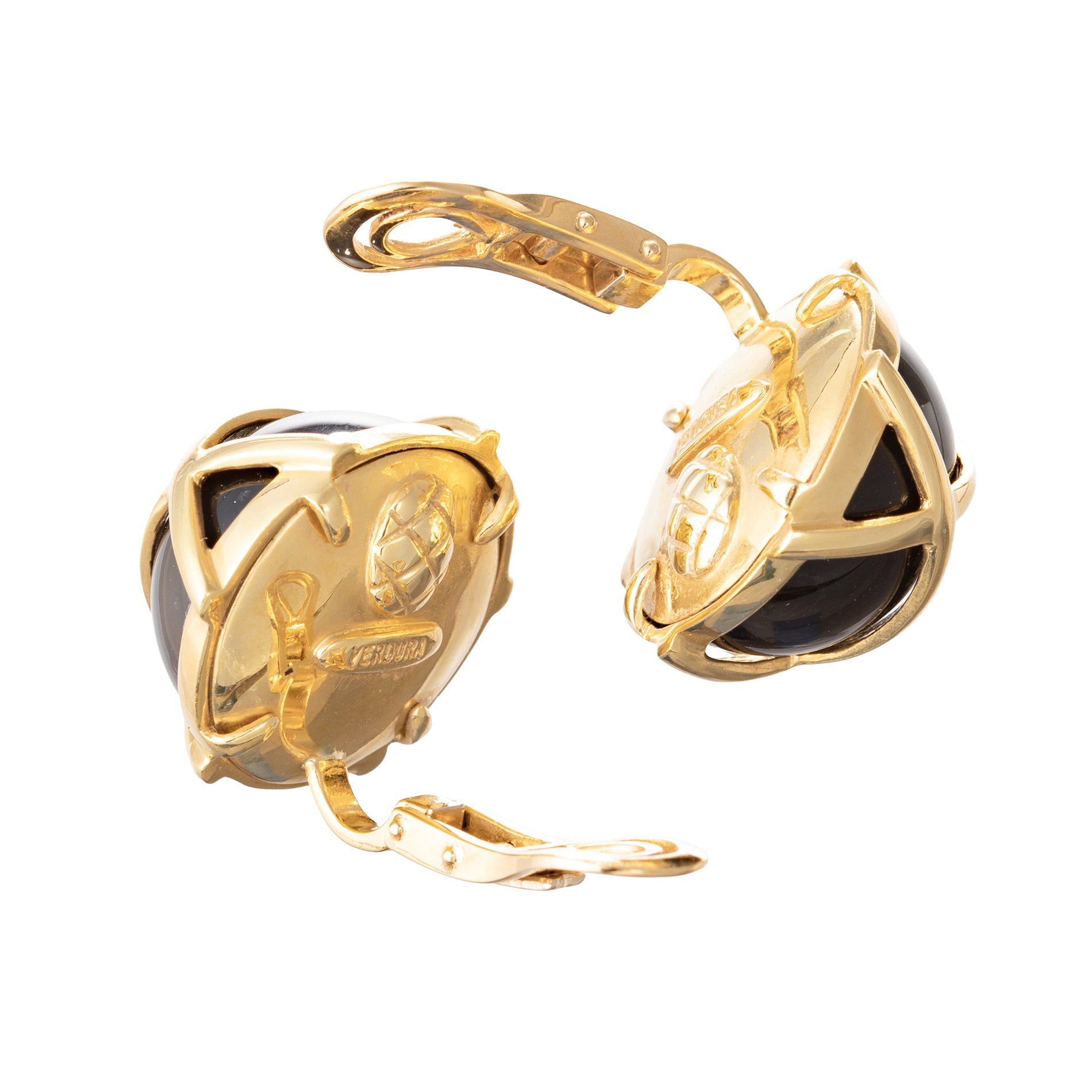 Verdura - Estate 18k Yellow Gold Black Jade Caged Dome Earrings
