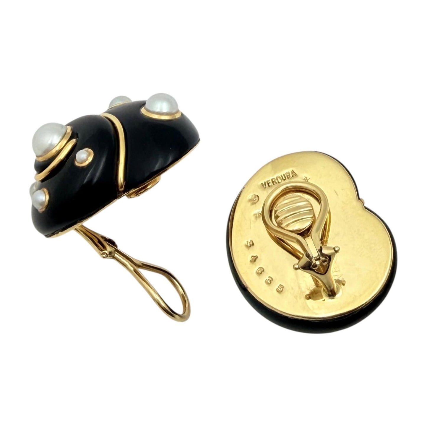 Verdura - Estate 18k Yellow Gold Black Jade Pearl Shell Earrings