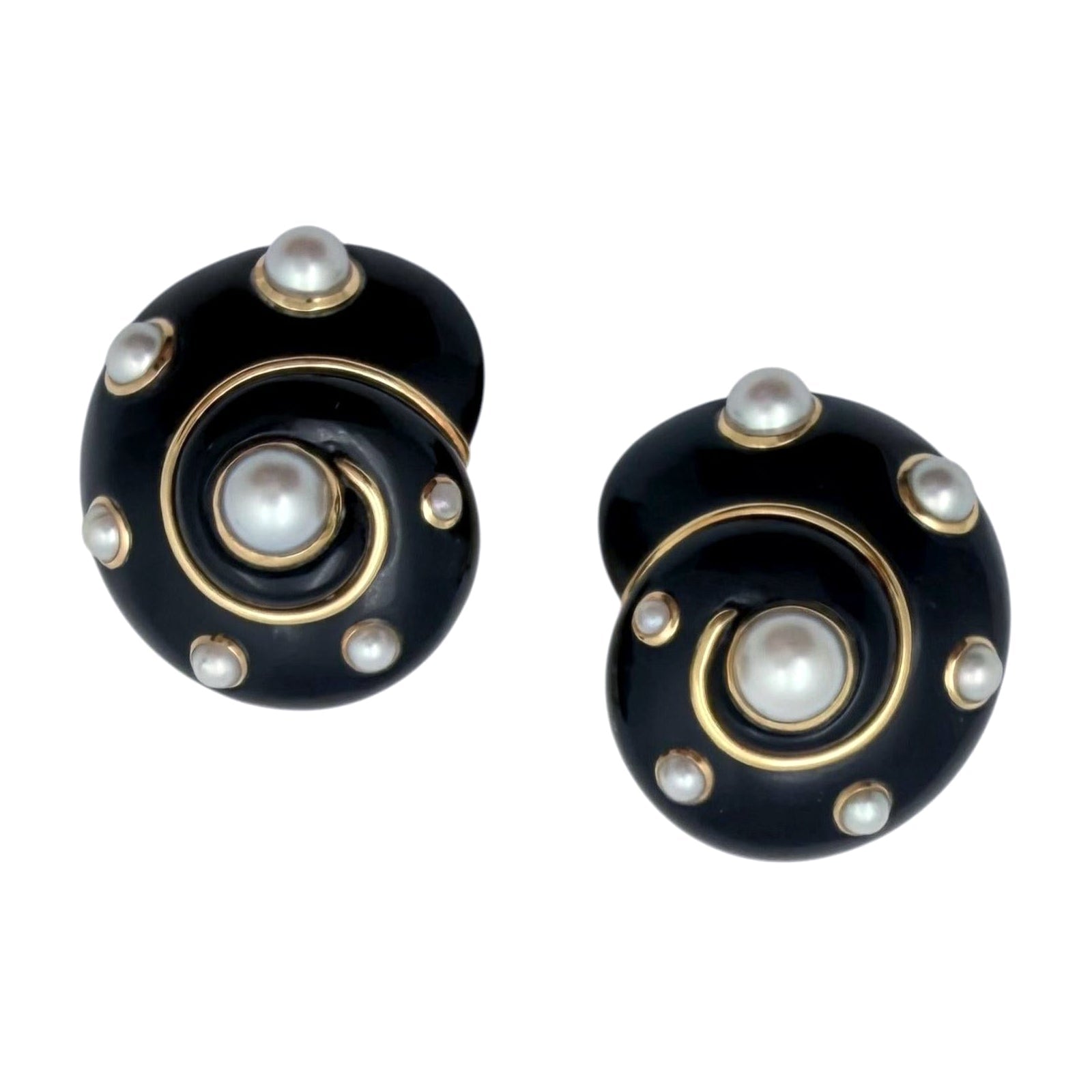 Verdura - Estate 18k Yellow Gold Black Jade Pearl Shell Earrings