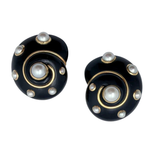 Verdura - Estate 18k Yellow Gold Black Jade Pearl Shell Earrings
