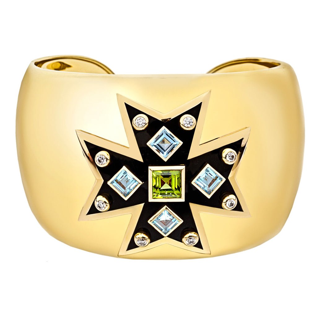 Verdura - Estate 18k Yellow Gold Peridot Blue Topaz Maltese Cross Cuff Bracelet