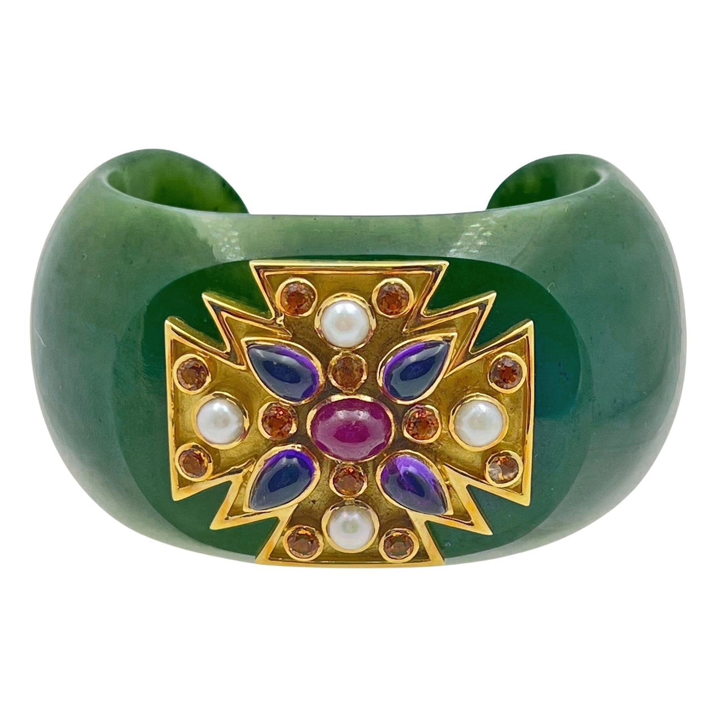 Verdura - Estate Gem - Set Green Jade Maltese Cross Cuff Bracelet