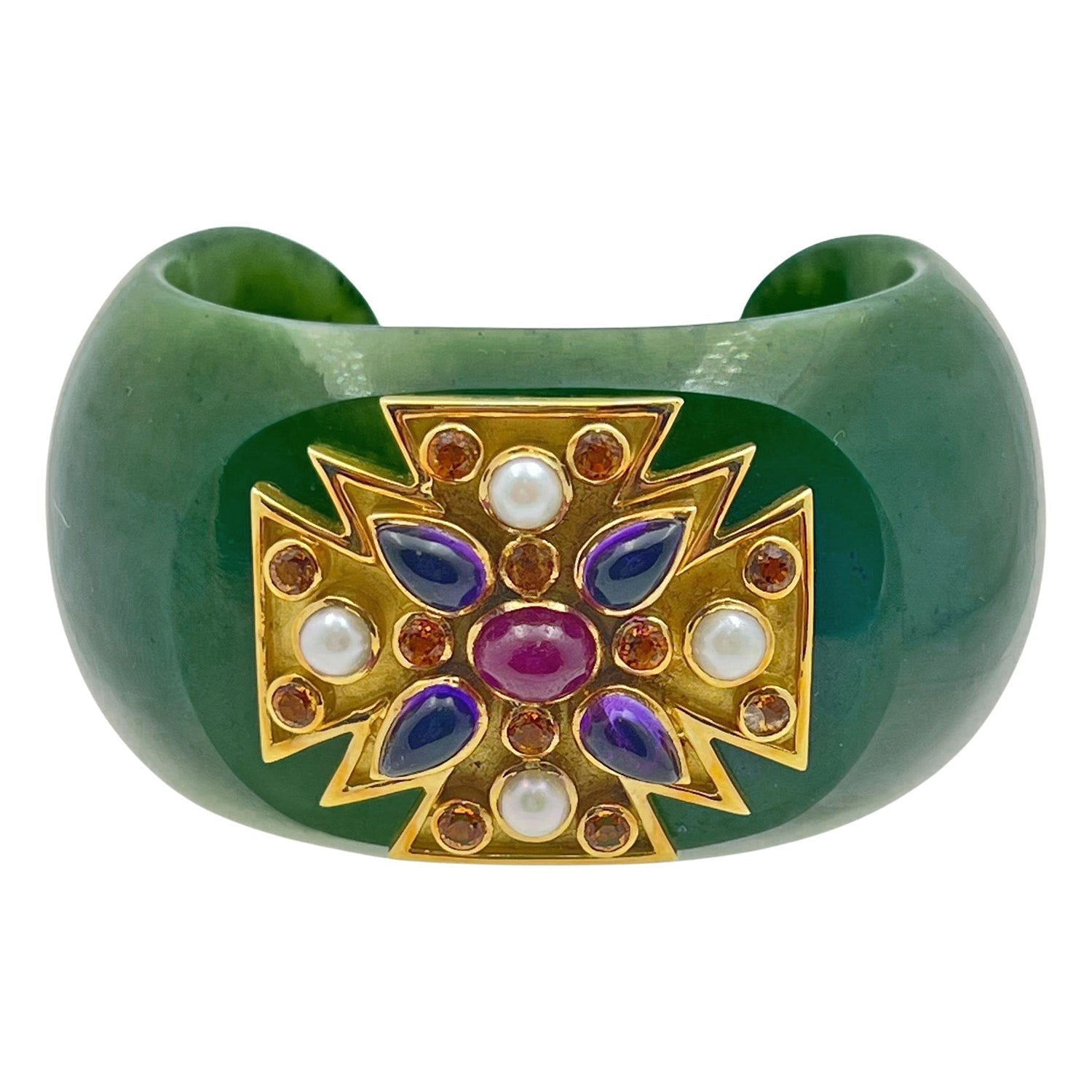 Verdura - Estate Gem - Set Green Jade Maltese Cross Cuff Bracelet