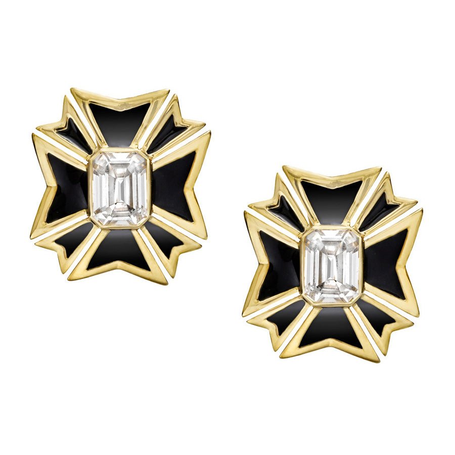 Verdura - Estate White Topaz Black Enamel Maltese Cross Earrings