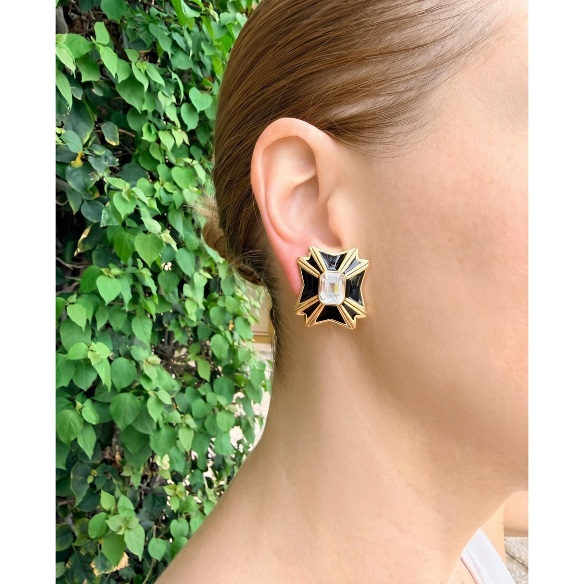 Verdura - Estate White Topaz Black Enamel Maltese Cross Earrings