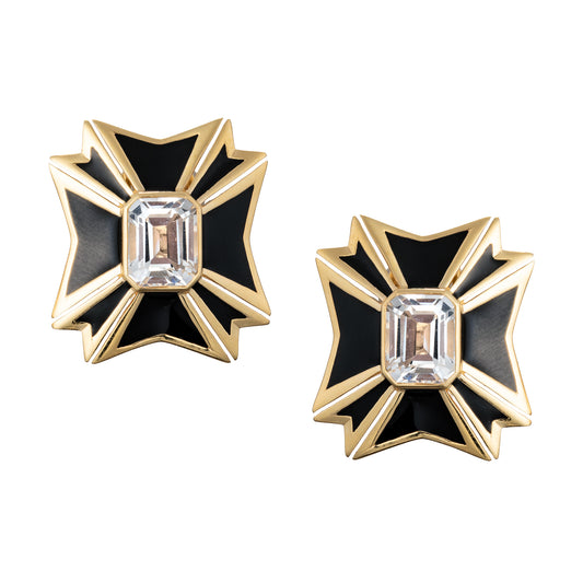 Estate White Topaz Black Enamel Maltese Cross Earrings