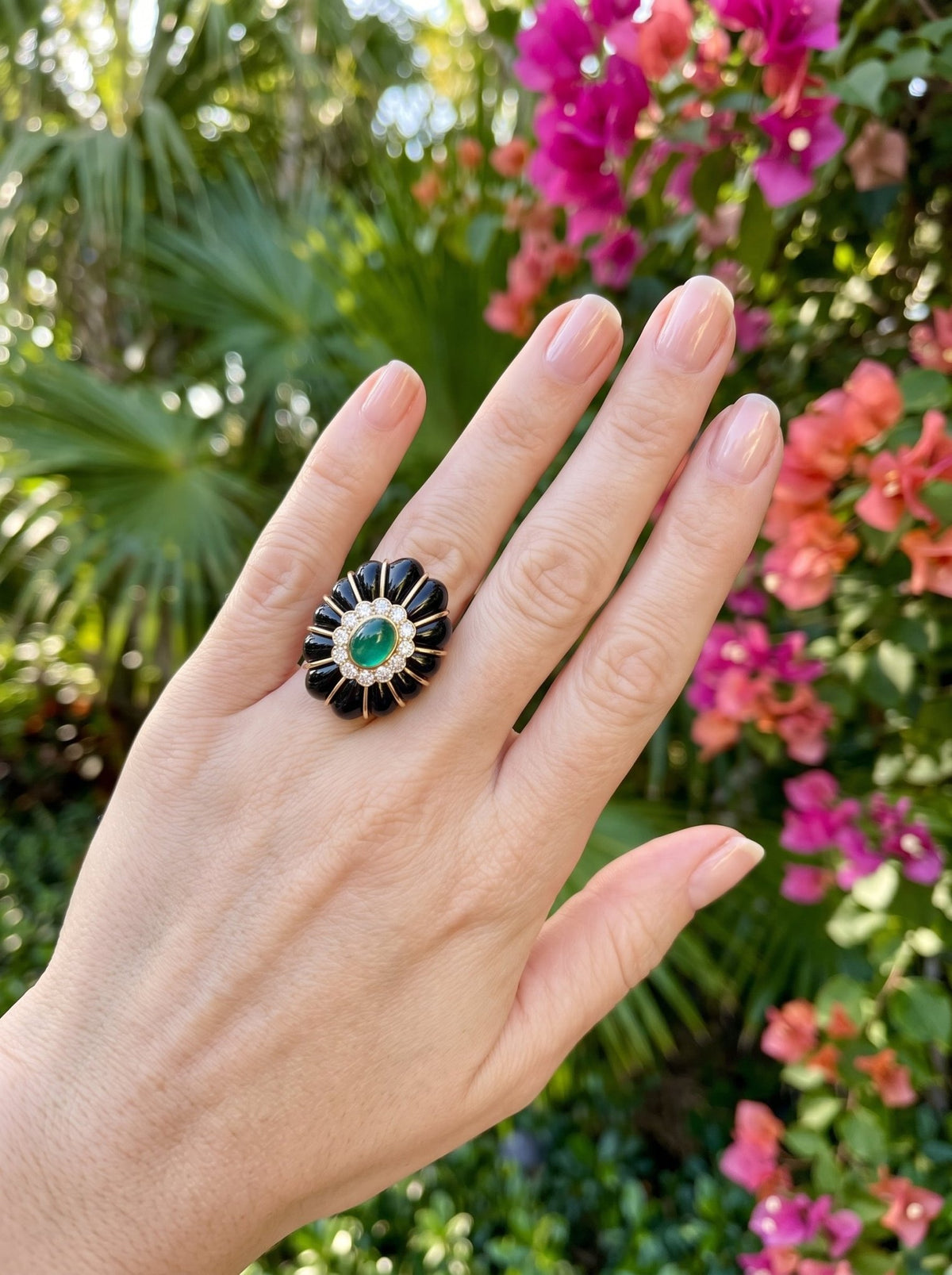 Veschetti - 18k Yellow Gold Emerald Diamond Black Onyx Bon Bon Ring