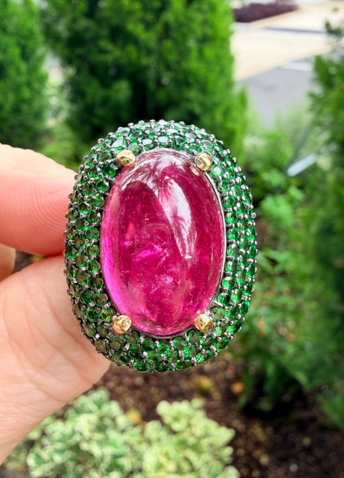 Veschetti - Pink Tourmaline Tsavorite Diamond Cocktail Ring