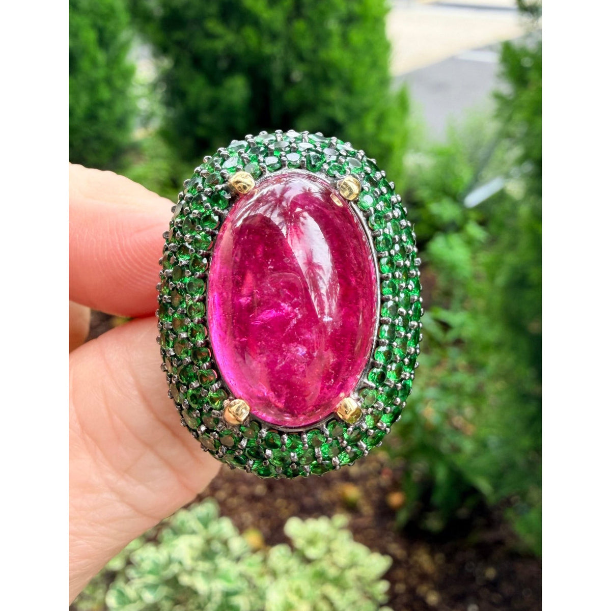 Veschetti - Pink Tourmaline Tsavorite Diamond Cocktail Ring