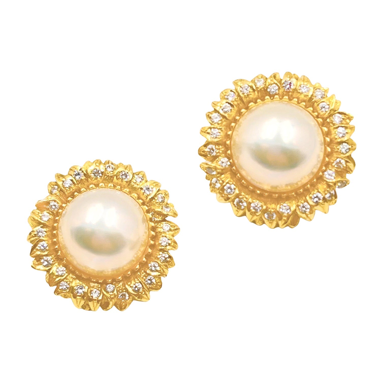 Bielka - 18k Gold Mabe Pearl Diamond Sunflower Earrings