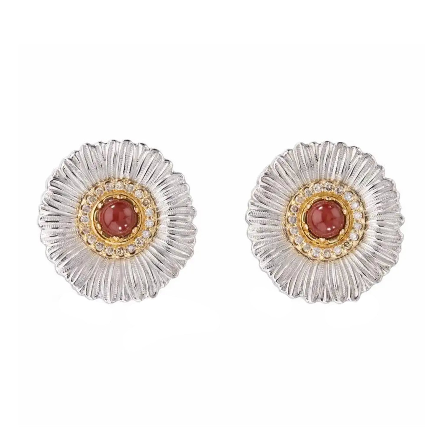 Buccellati - Silver Red Jasper Diamond Daisy Stud Earrings