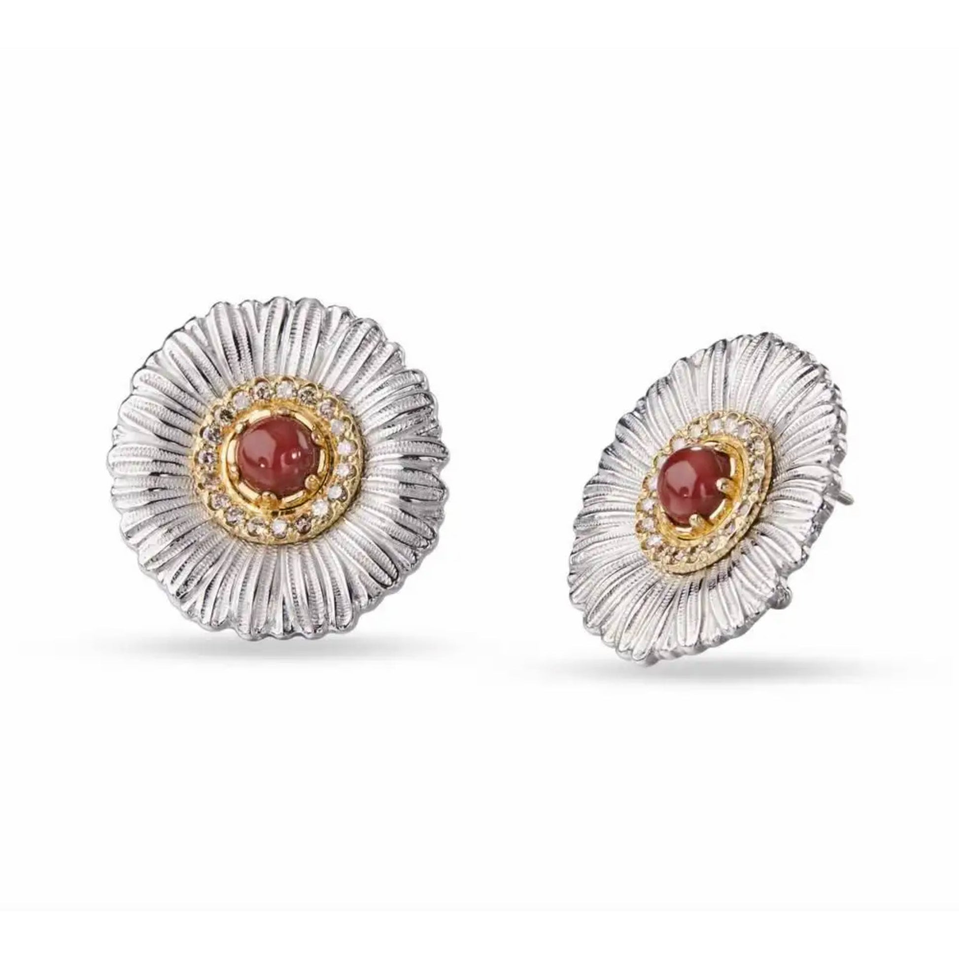 Buccellati - Silver Red Jasper Diamond Daisy Stud Earrings