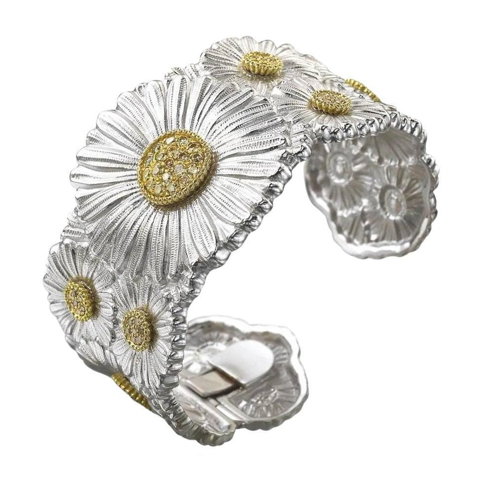 Buccellati Silver - Silver Diamond Daisy Flower Cuff Bracelet