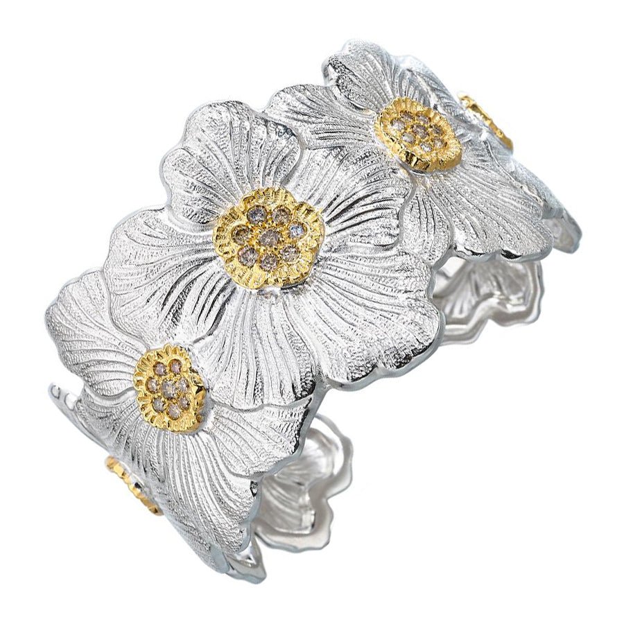 Buccellati Silver - Silver Diamond Gardenia Flower Cuff Bracelet