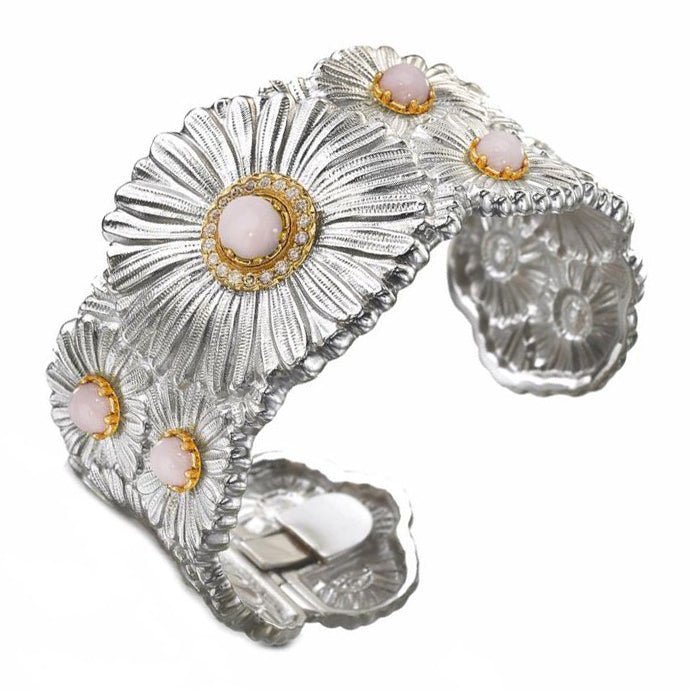 Buccellati Silver - Silver Pink Opal Diamond Daisy Cuff Bracelet