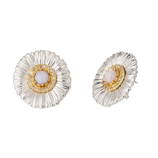 Estate Buccellati Silver Pink Opal Diamond Daisy Stud Earrings