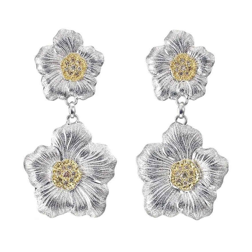 Buccellati Silver - Silver Vermeil Diamond Large Gardenia Drop Earrings