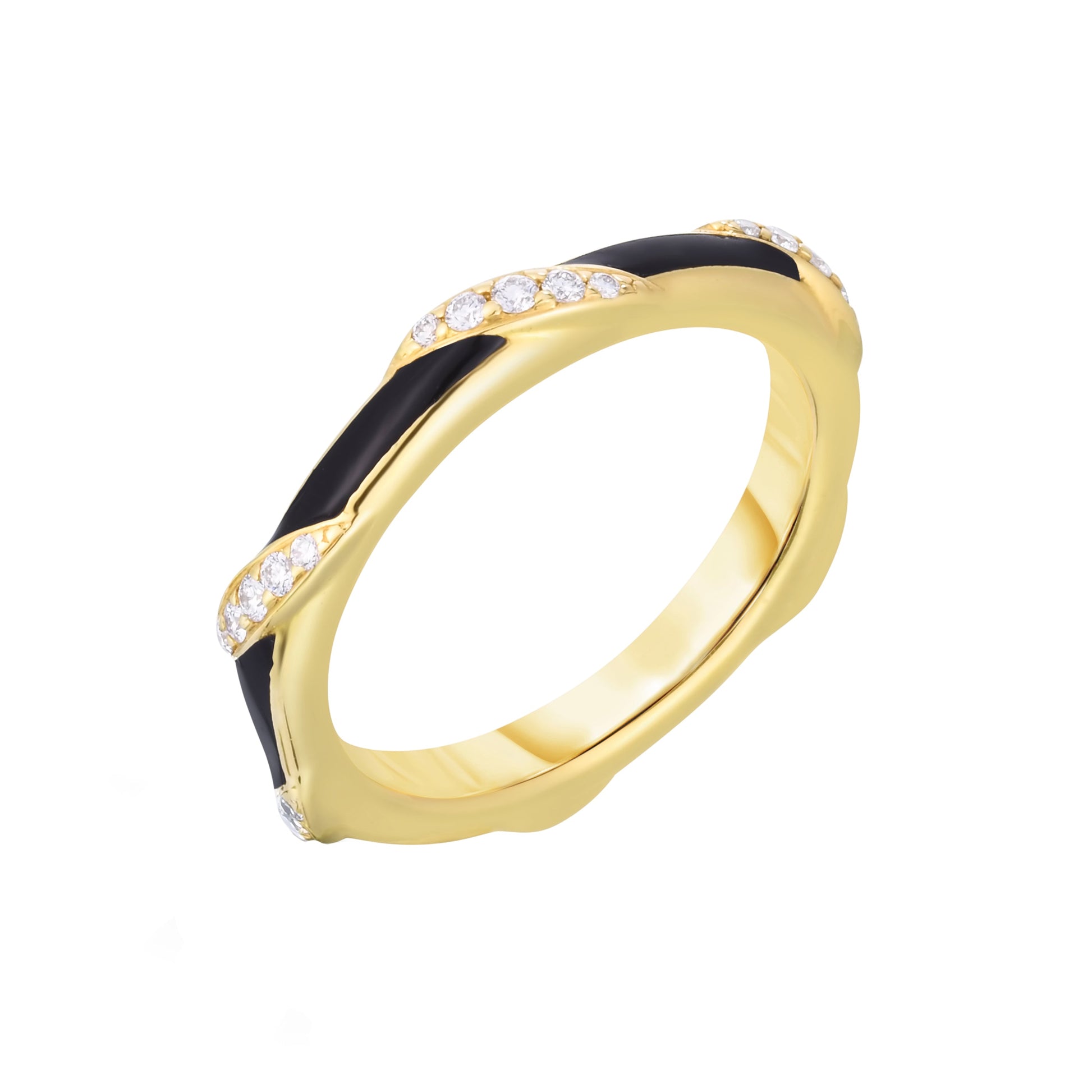 Cicada - 18k Yellow Gold Black Enamel Diamond Crossover Band