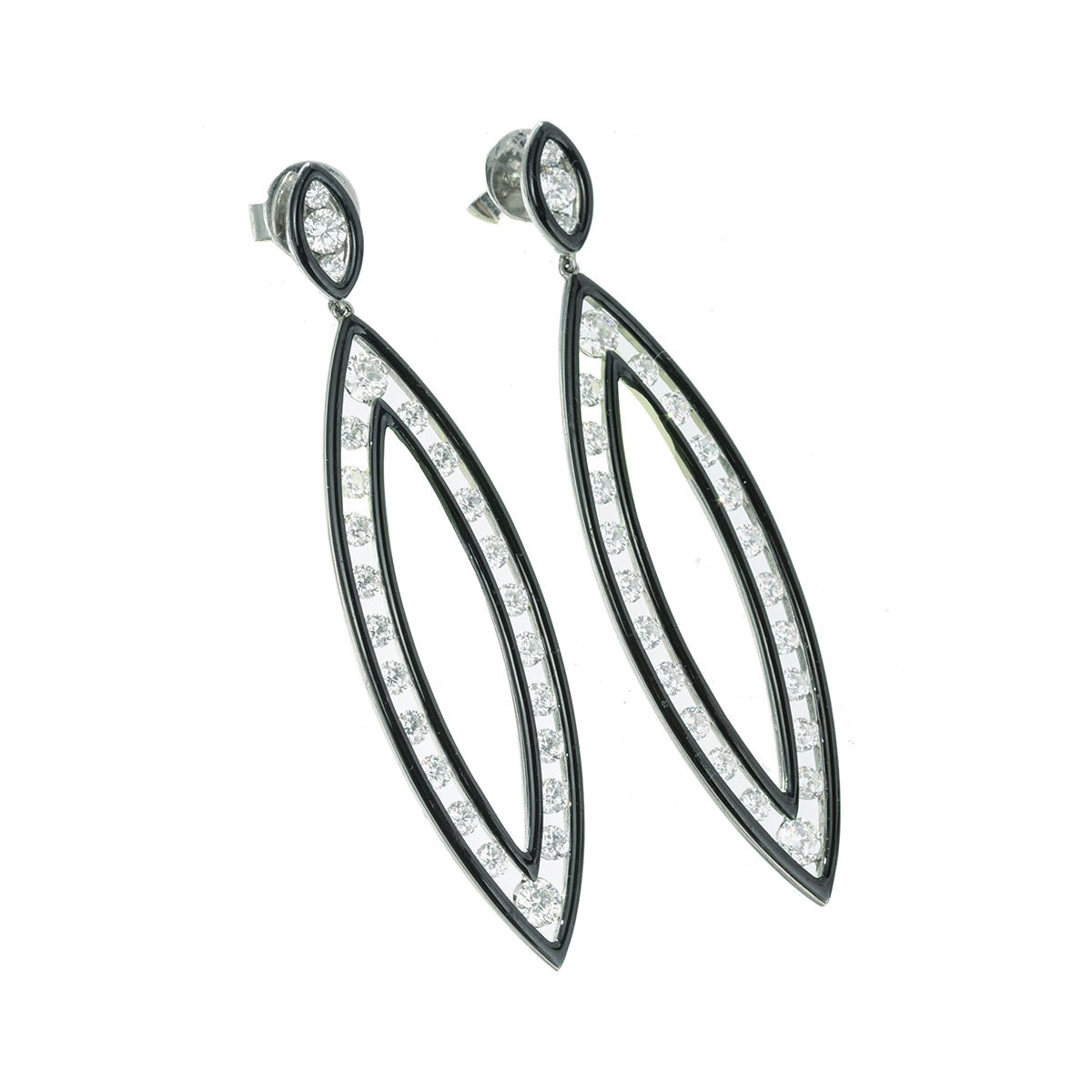 Cicada - Diamond Black Enamel Long Drop Earrings