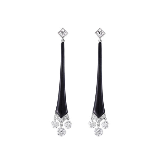 Cicada - Platinum Diamond Black Enamel Drop Earrings