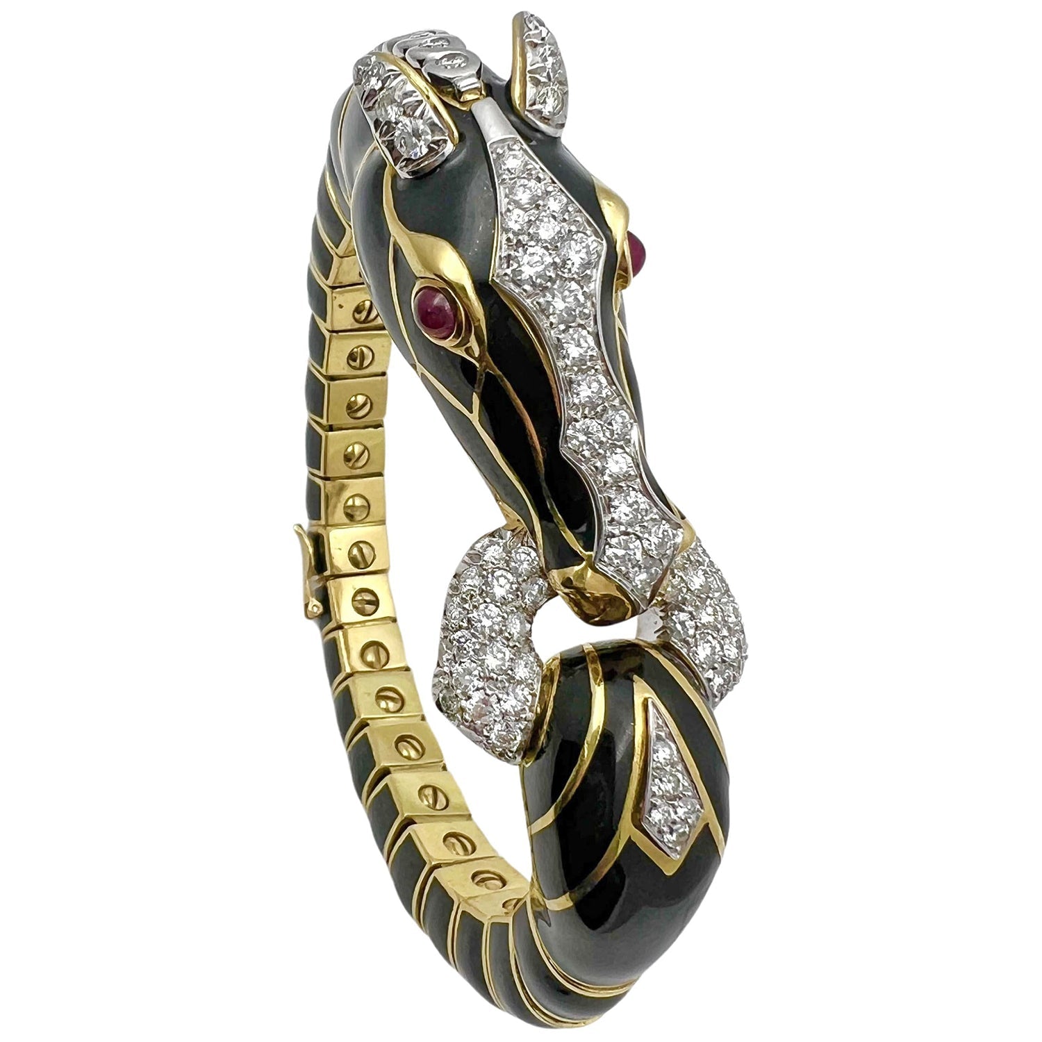 David Webb - 18k Gold Platinum Black Enamel Diamond Horse Bracelet
