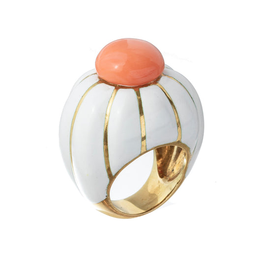 David Webb - 18k Gold White Enamel Coral Dome Ring
