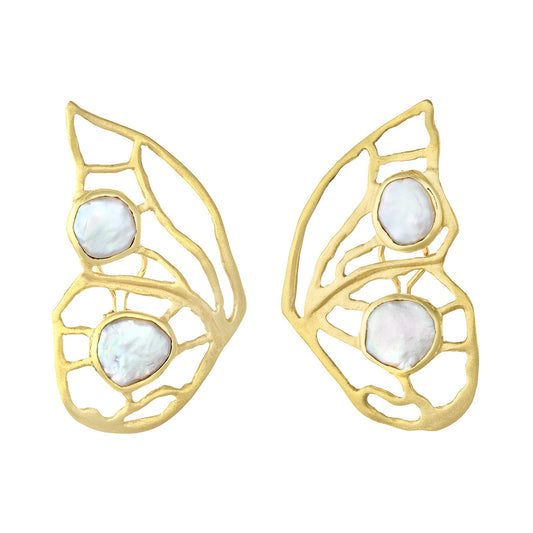 Dorota - 18k Yellow Gold Pearl Butterfly Clip Earrings