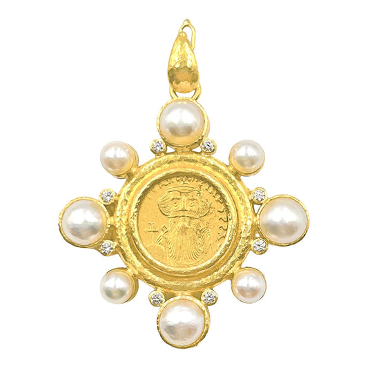 Elizabeth Locke - 19k Gold Coin Pearl Diamond Pendant Brooch