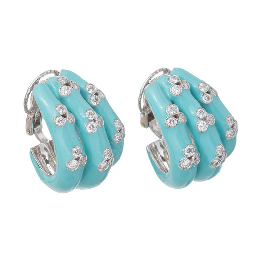Estate Collection - 18k White Gold Turquoise Enamel Diamond Half-Hoops